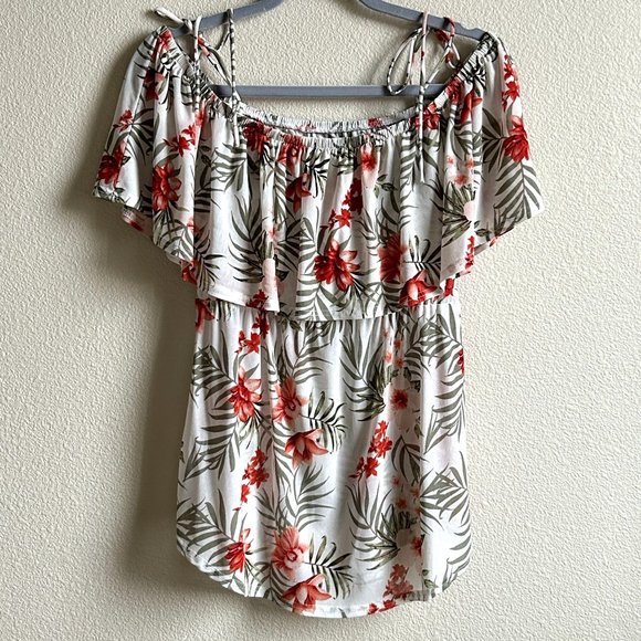 Siren Lily Maternity‎ Blouse Top Off Shoulder Floral Sheer Ruffled Neckline Sz M - Picture 2 of 15
